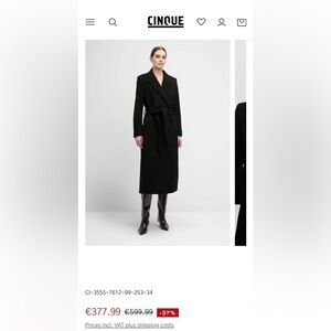 Cinque Made in Germany Elegant Black Wool Blend Trench Coat Size 40 European
